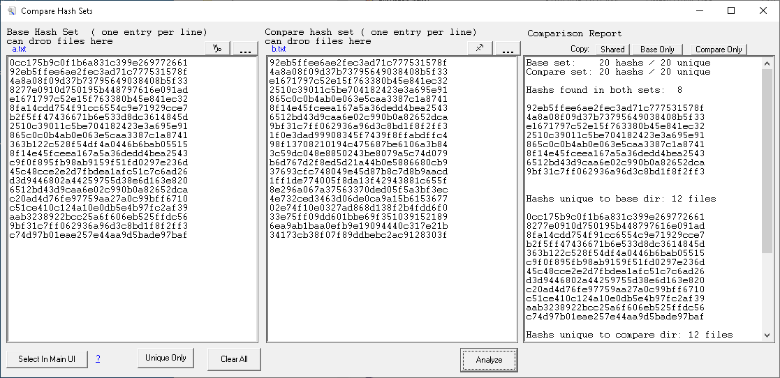Compare HashSets dialog