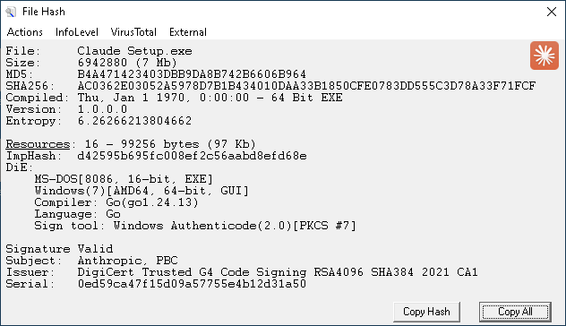 File Hash report on a signed PE