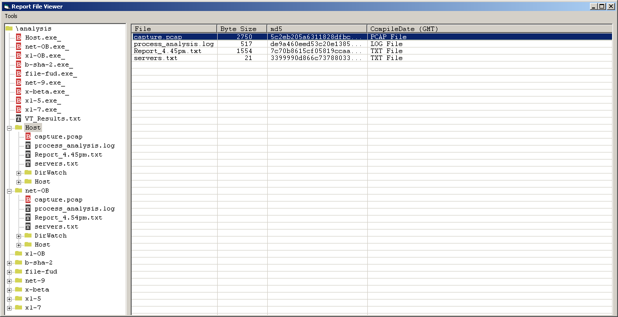 Report Viewer folder hashing mode listing files with size, MD5, and compile date columns