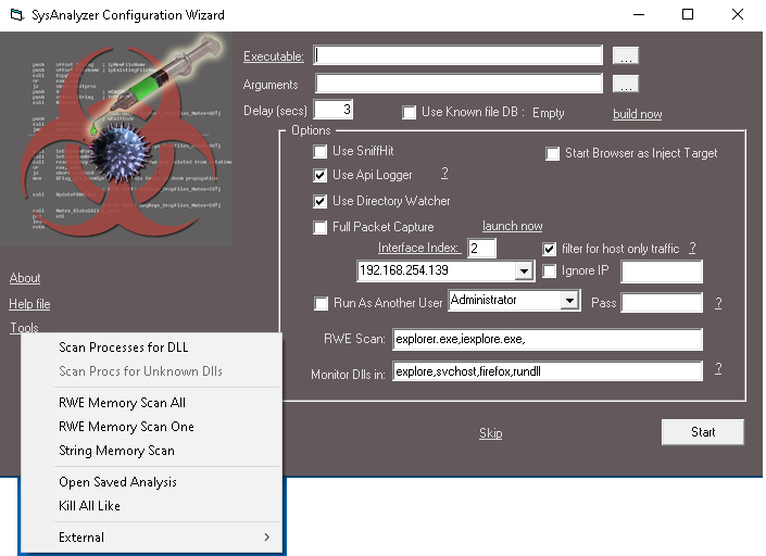 SysAnalyzer Configuration Wizard with Tools menu cascaded open